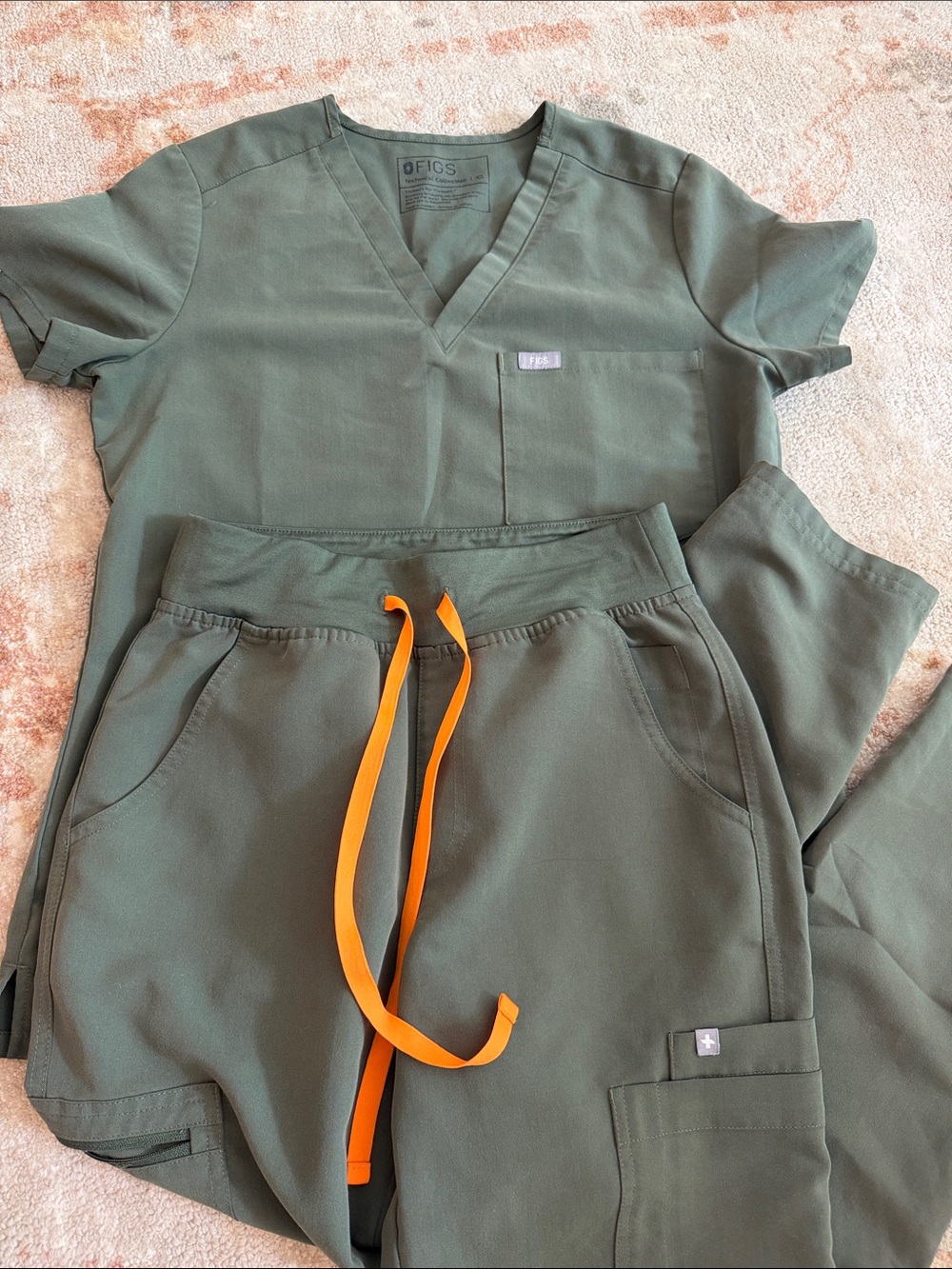 Figs Olive Green Scrub Set with Bright Orange Drawstring